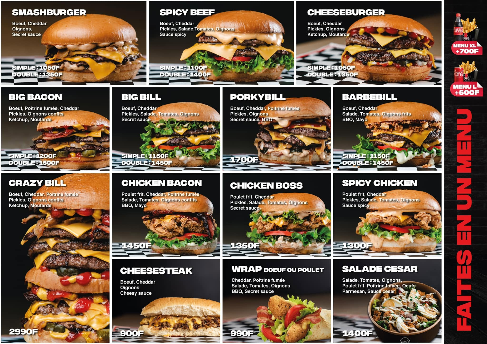 Carte Billy's Burger — burgers, wraps et salades