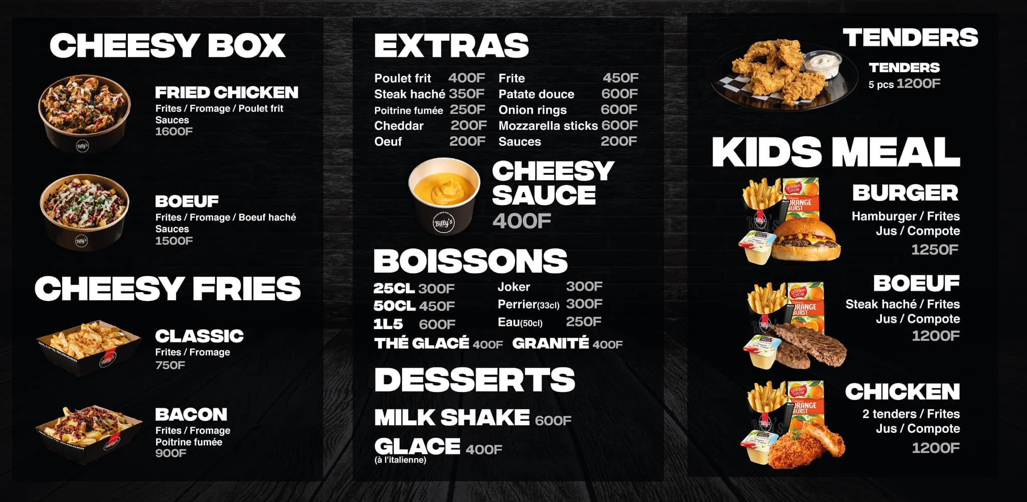 Carte Billy's Burger — cheesy box, extras, boissons, desserts et kids meal